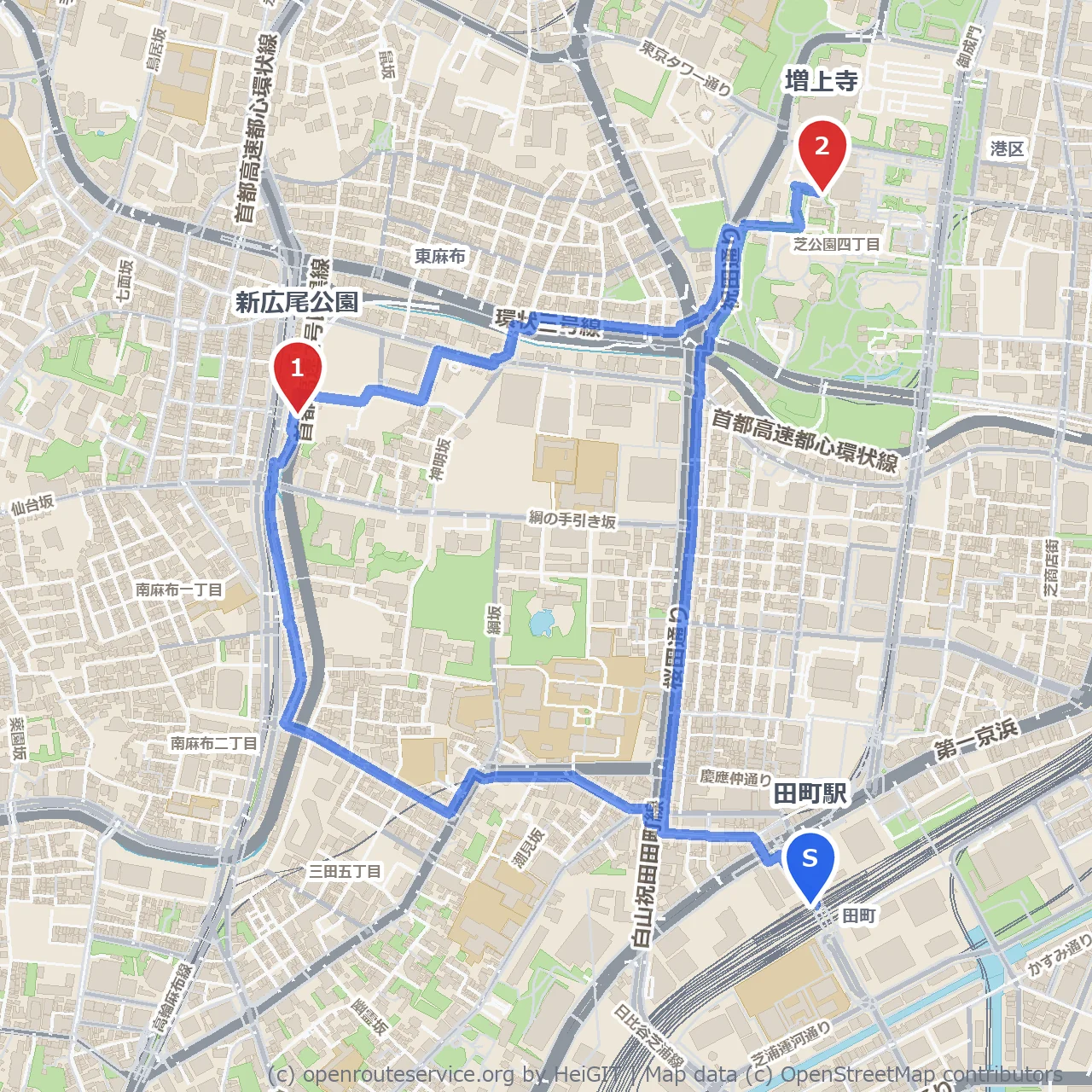 都会の緑と歴史を歩く田町の静かな散策路 のコースマップ