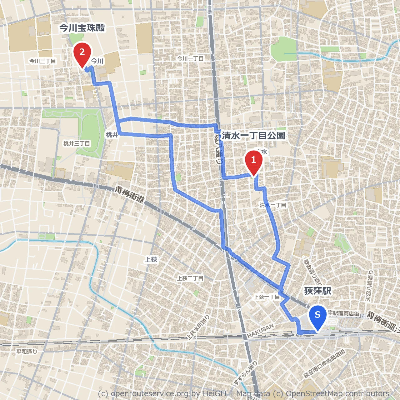 荻窪の歴史と緑を感じる清水一丁目散策路 のコースマップ