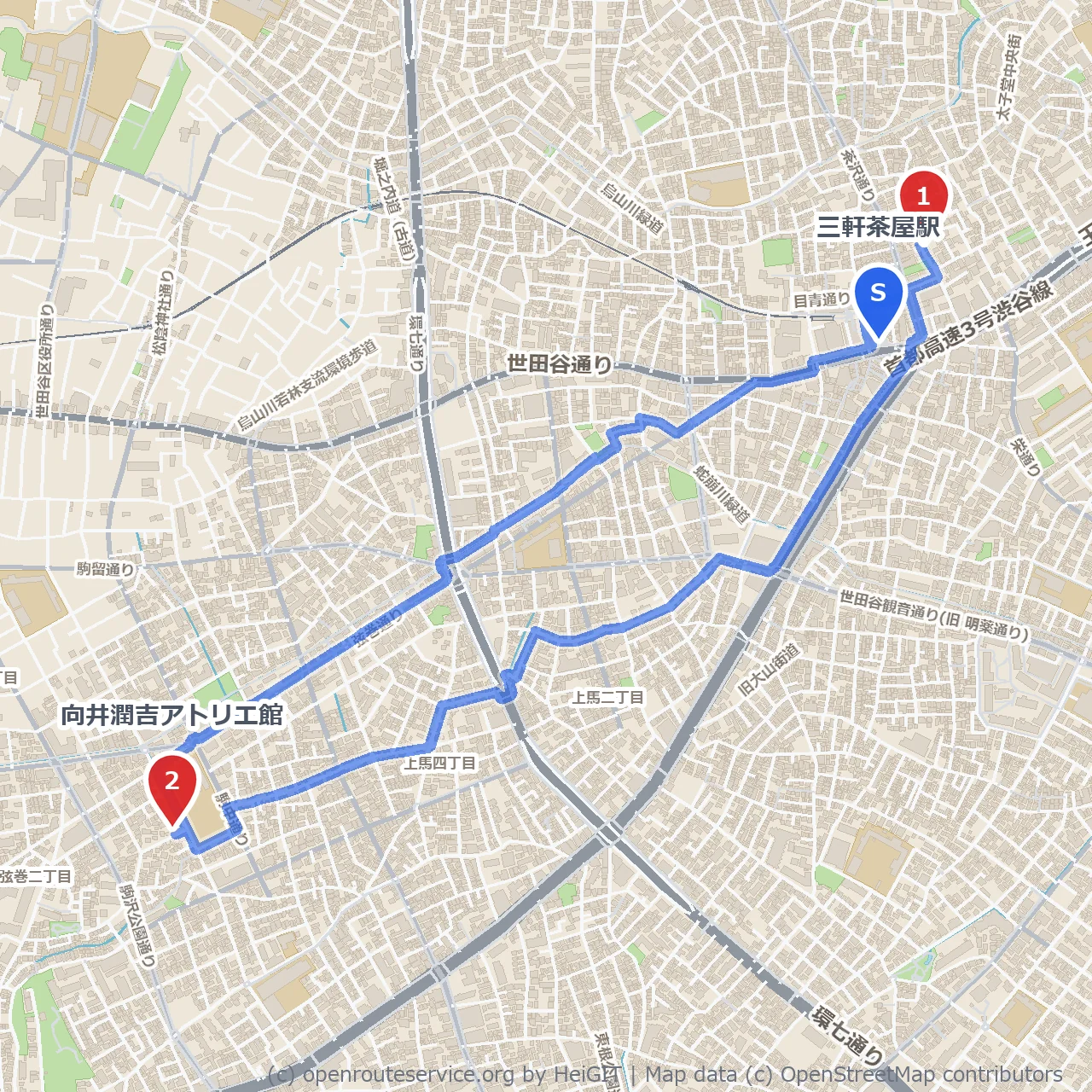 三軒茶屋から緑とアートを巡るゆったり散歩道 のコースマップ