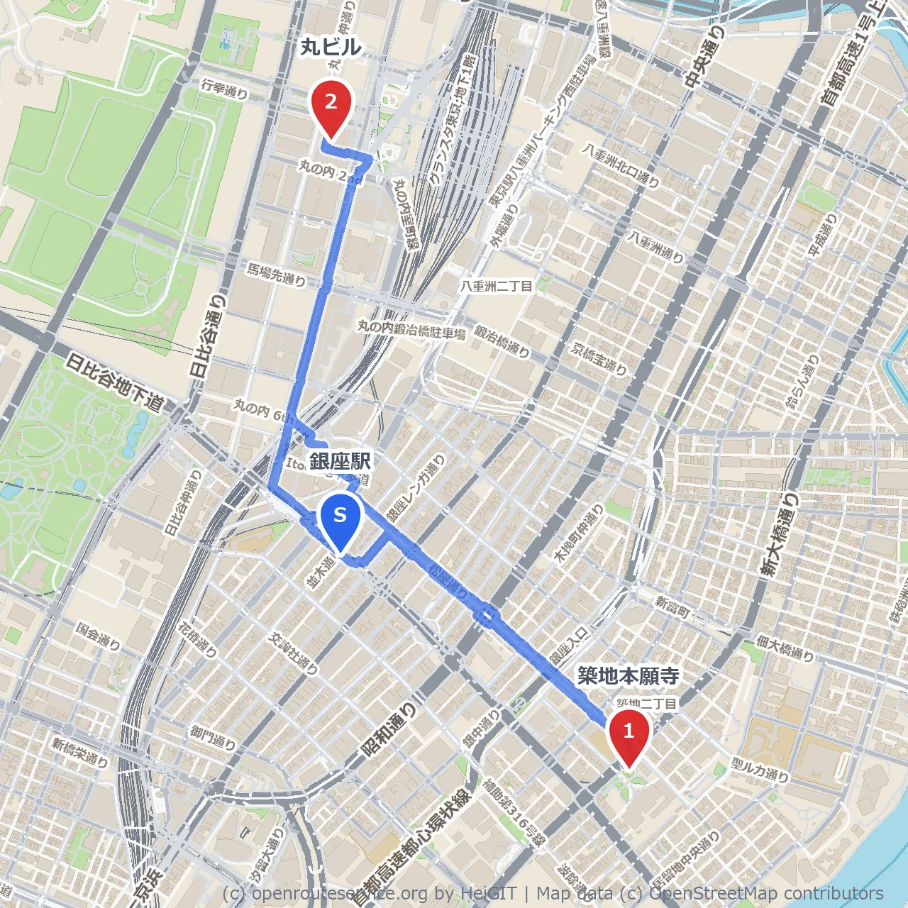 銀座駅から築地本願寺、丸ビルまでの歴史と現代の散策路 のコースマップ