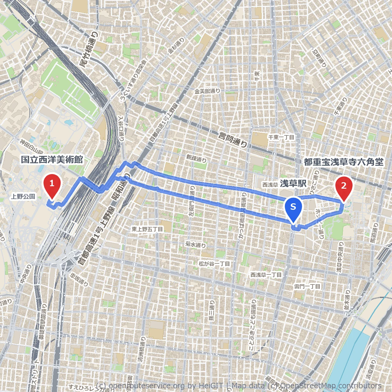 浅草駅から巡る歴史と芸術の散策路 のコースマップ
