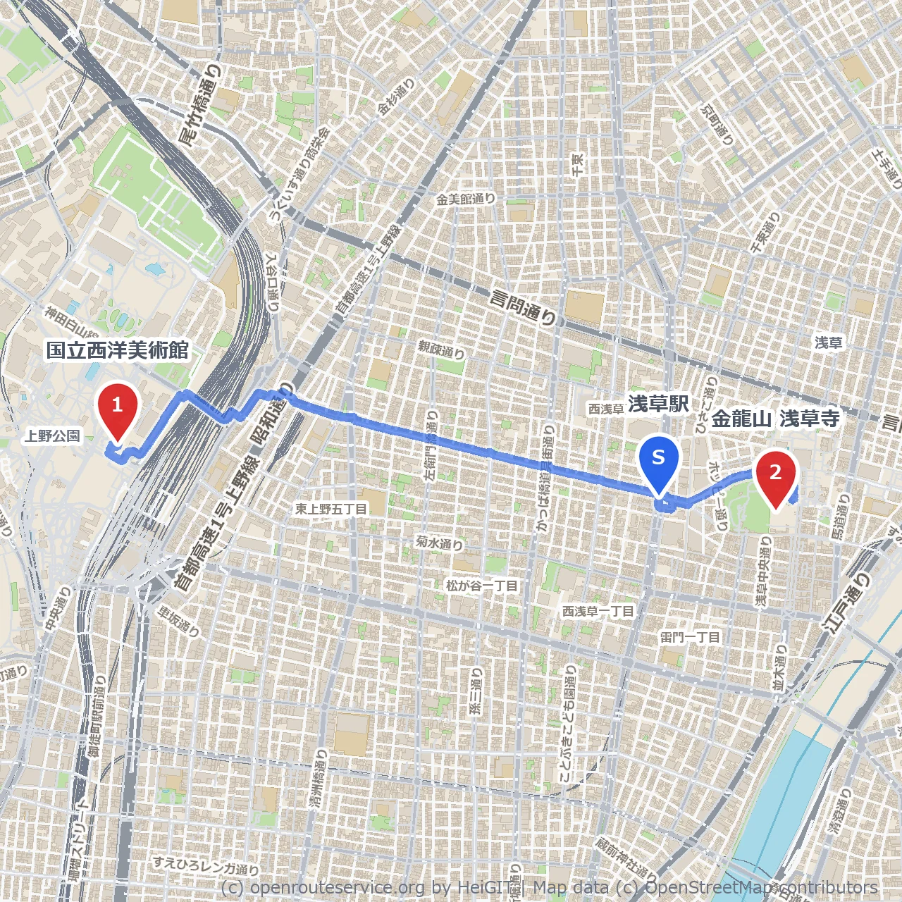 浅草駅から西洋美術館を巡り浅草寺へ歩く散策路 のコースマップ