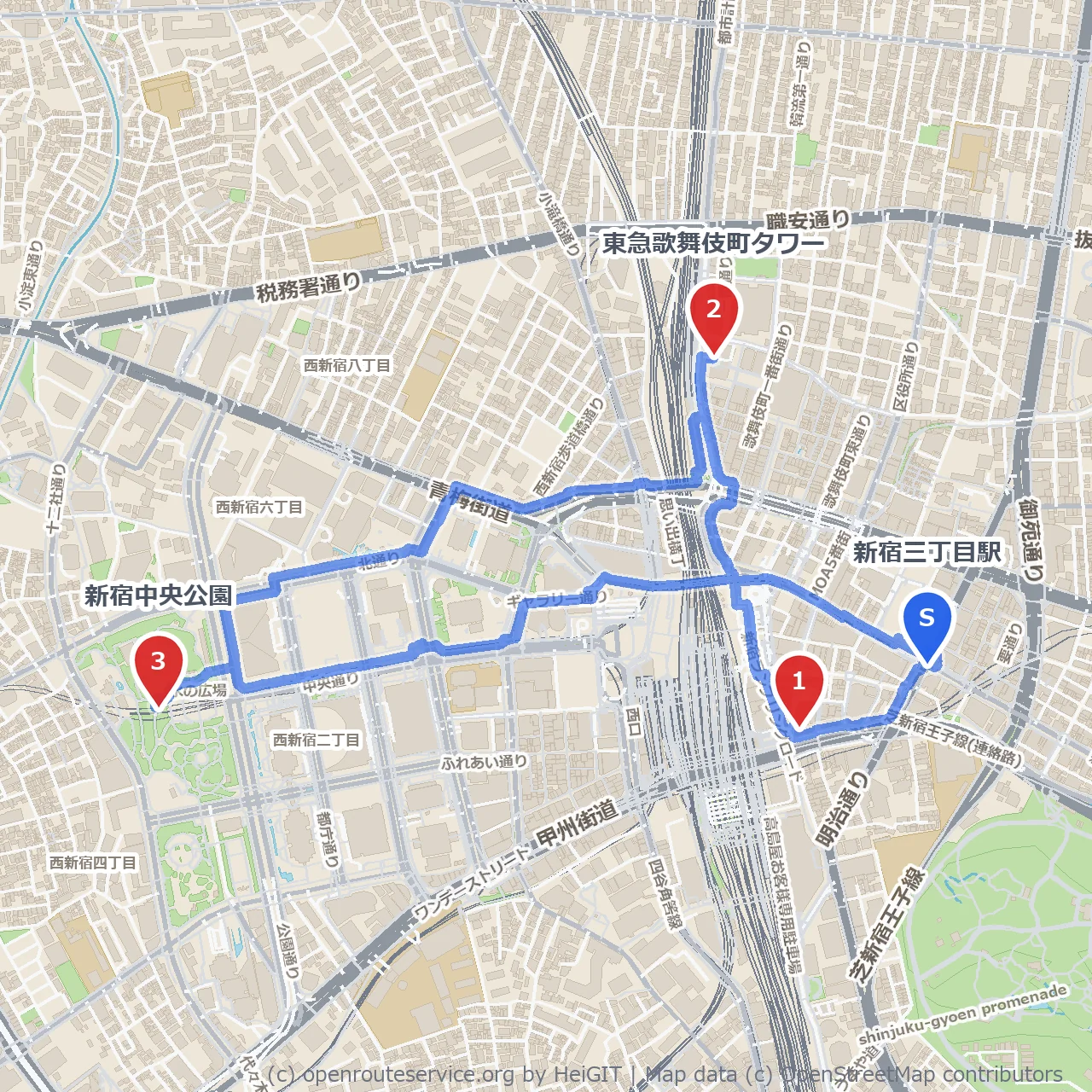 新宿三丁目から歌舞伎町を抜ける都市と自然の散策路 のコースマップ