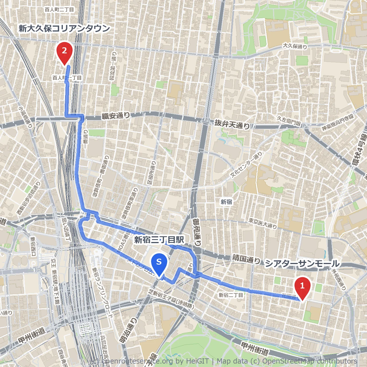新宿三丁目から新大久保へ 彩り豊かな街歩き のコースマップ