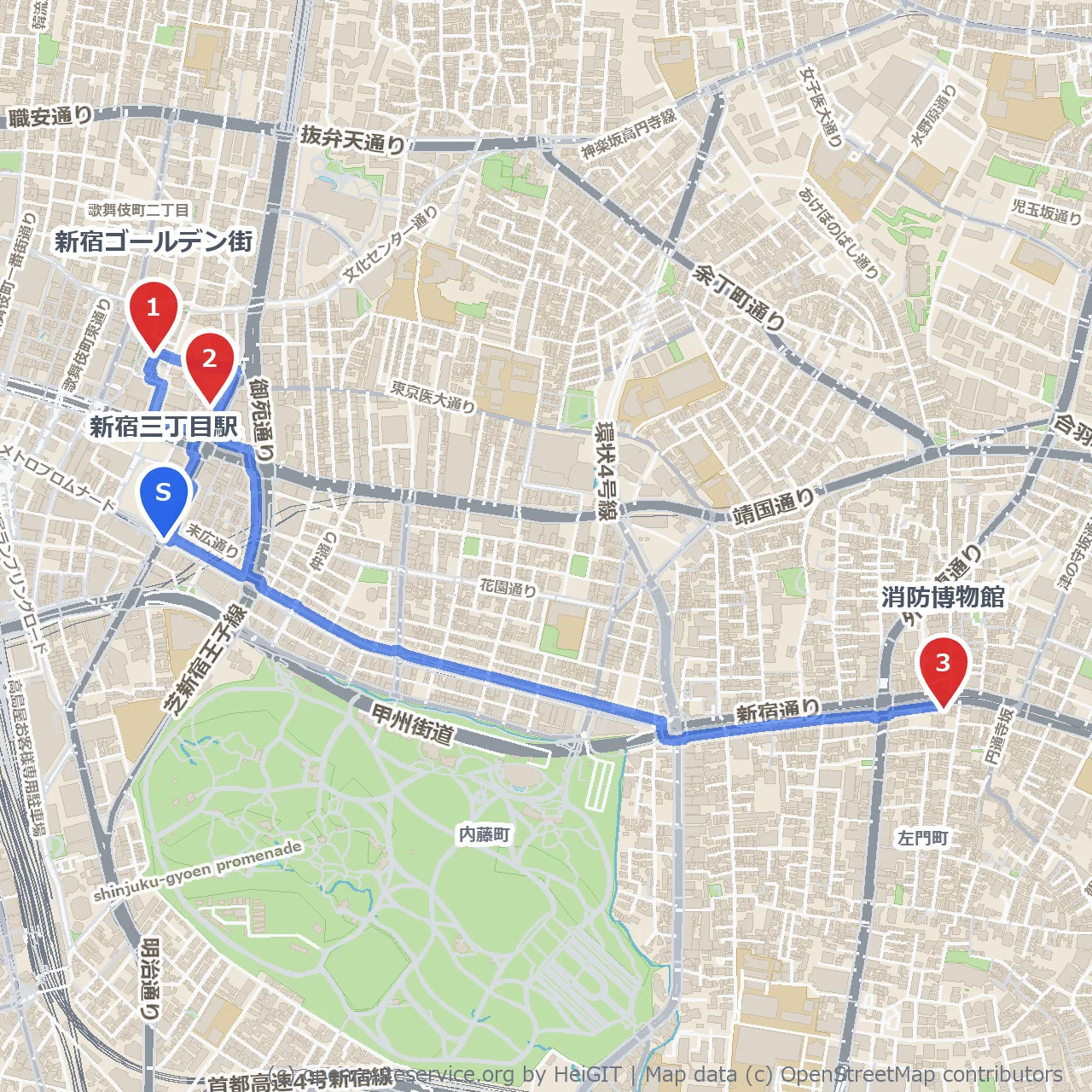 新宿三丁目から味わう夜明け前の街歩き のコースマップ