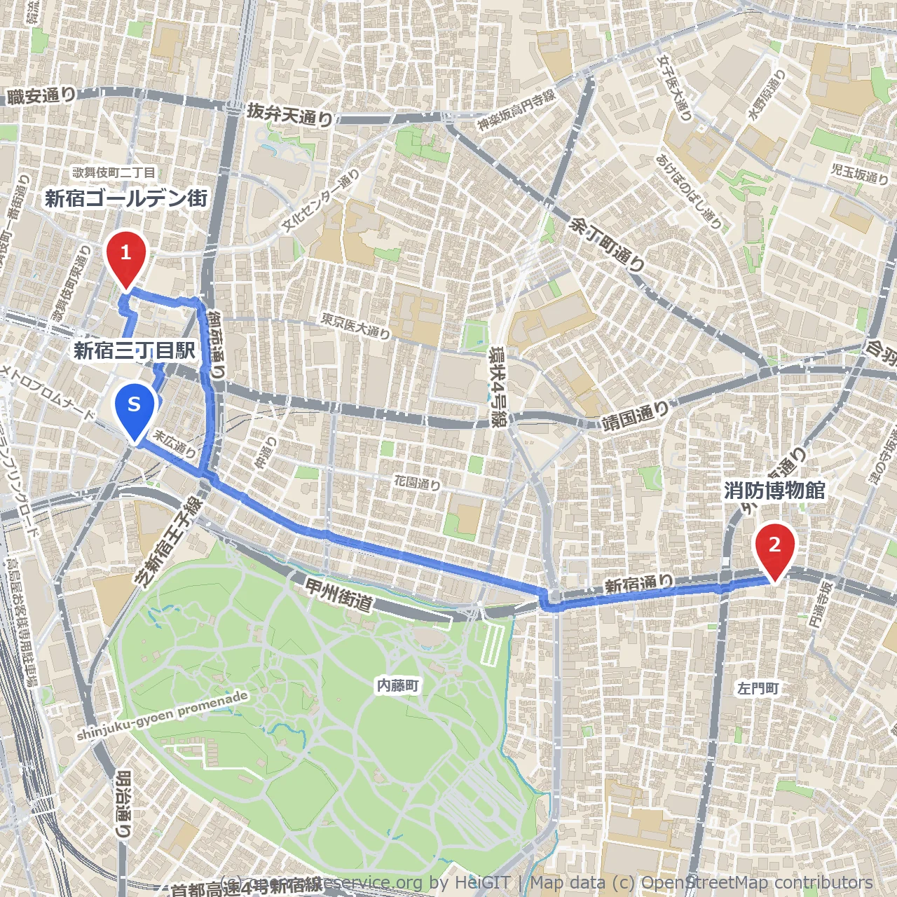 新宿三丁目裏路地散歩：ゴールデン街の夜と消防博物館の静謐 のコースマップ