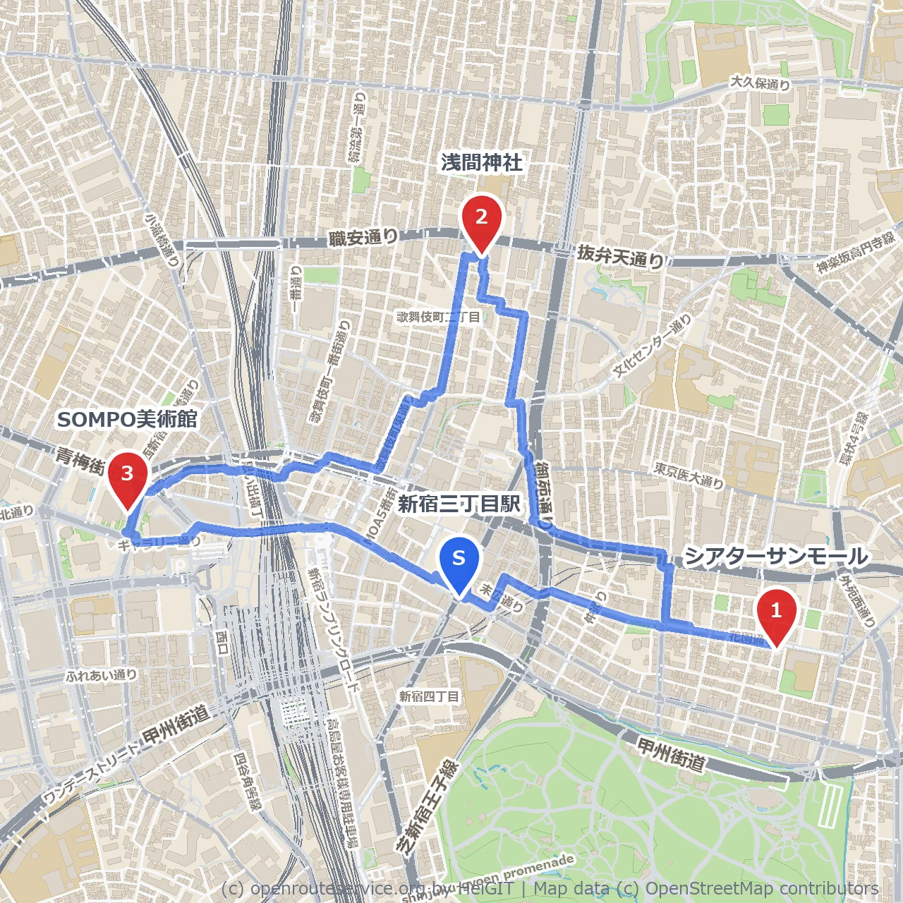 新宿三丁目の静寂と芸術を巡る散策路 のコースマップ