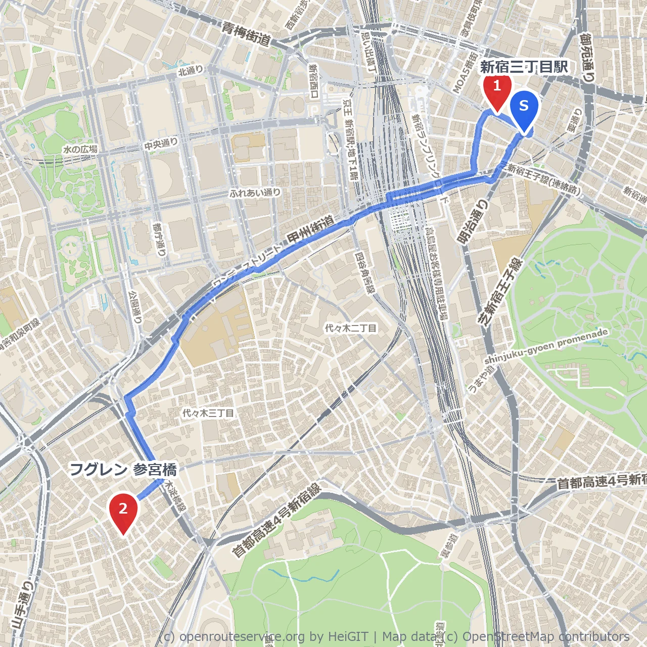 新宿三丁目から緑香る参宮橋へ心地よい街歩き のコースマップ