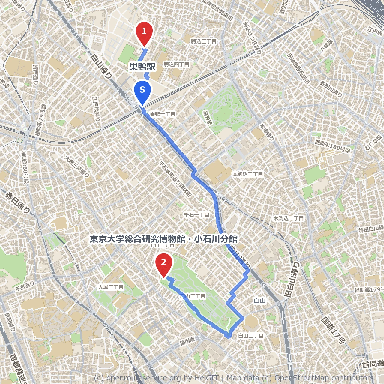 巣鴨駅近くで緑と学びを味わう散歩 のコースマップ