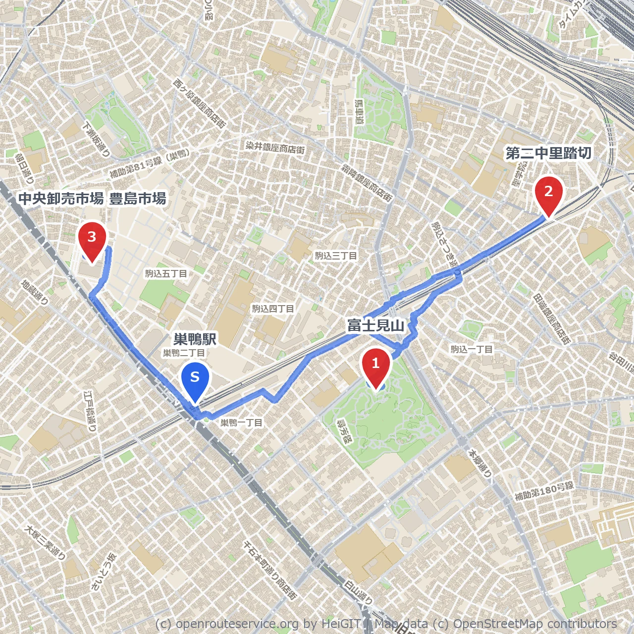 巣鴨駅から豊島市場へ 毎日を感じる散歩 のコースマップ