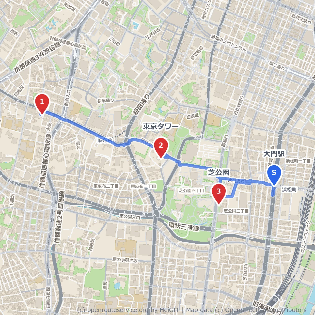 大門から港区散歩：カフェと東京タワーの絶景ルート のコースマップ