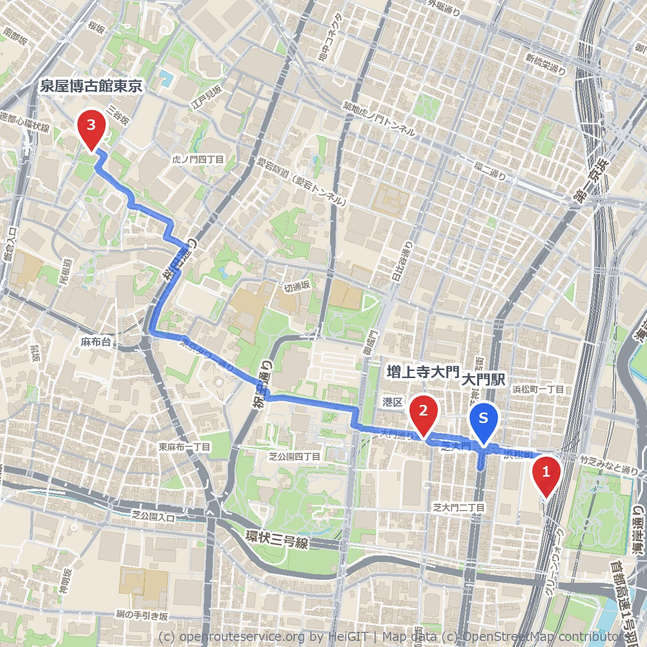 浜松町から増上寺越しの歴史散策と静寂の泉屋博古館へ のコースマップ