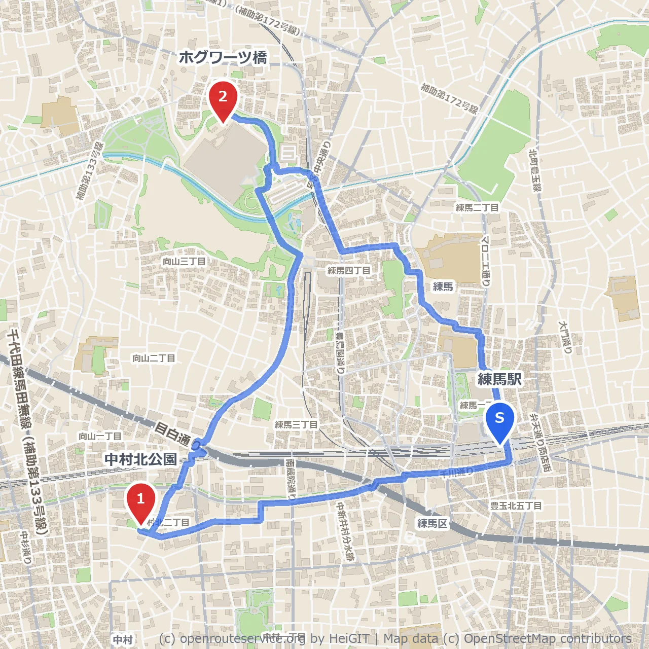 練馬駅発、中村北公園と魔法のようなホグワーツ橋散策 のコースマップ