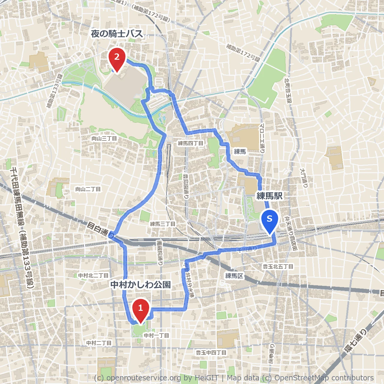 練馬駅から中村かしわ公園を巡る静かな散策路 のコースマップ