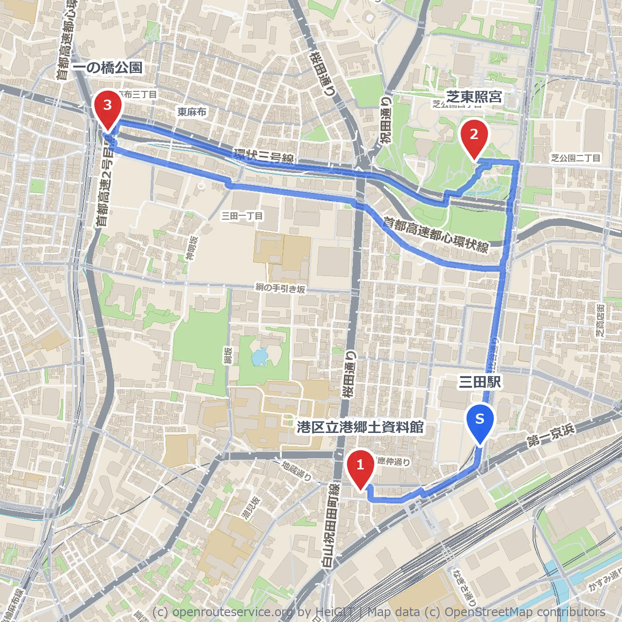 三田駅周辺で楽しむ静かな歴史散歩路 のコースマップ