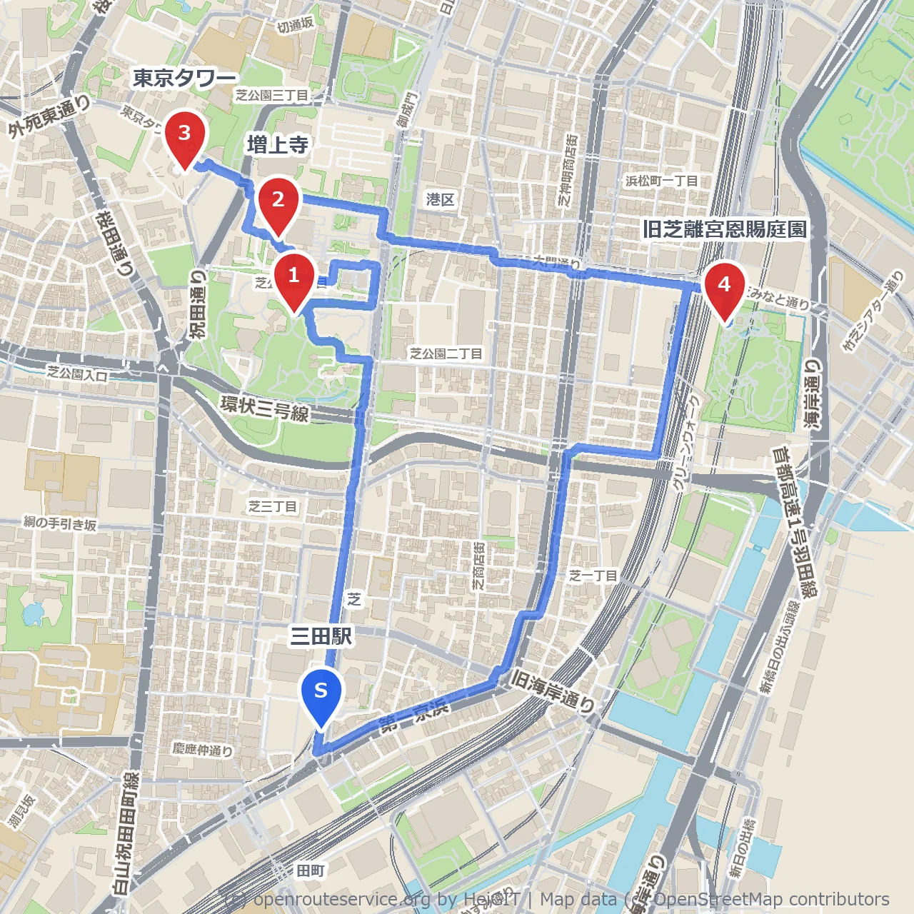 三田駅から巡る歴史と緑の東京散歩路 のコースマップ