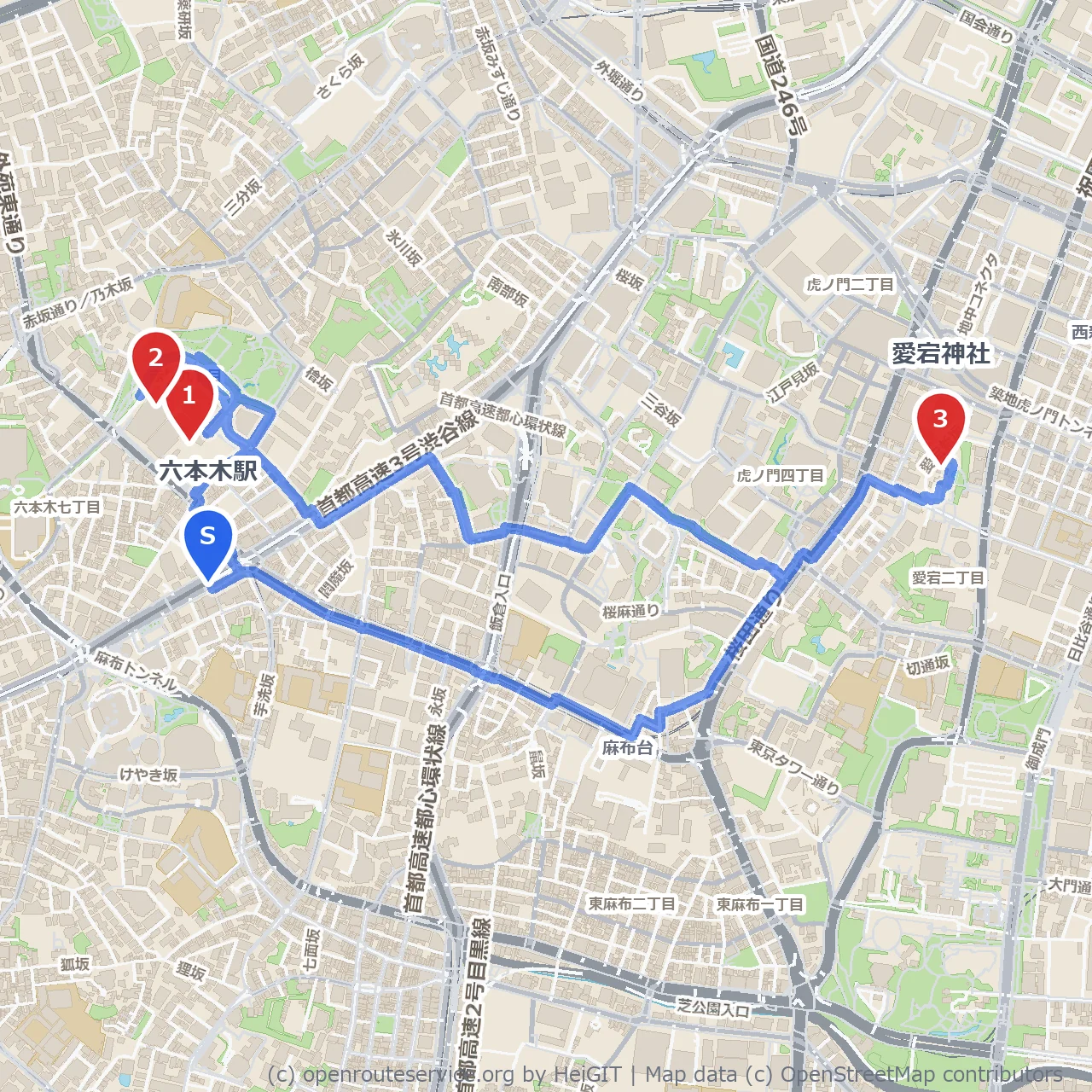 六本木の洗練散歩：美術館と歴史神社を巡るコース のコースマップ