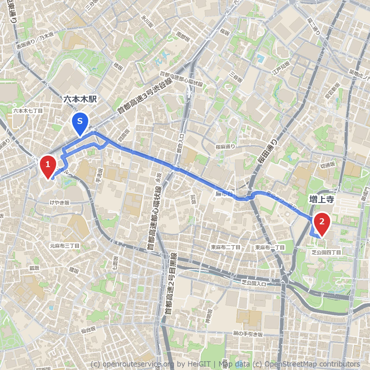 都会の緑と歴史を巡る六本木散歩路 のコースマップ