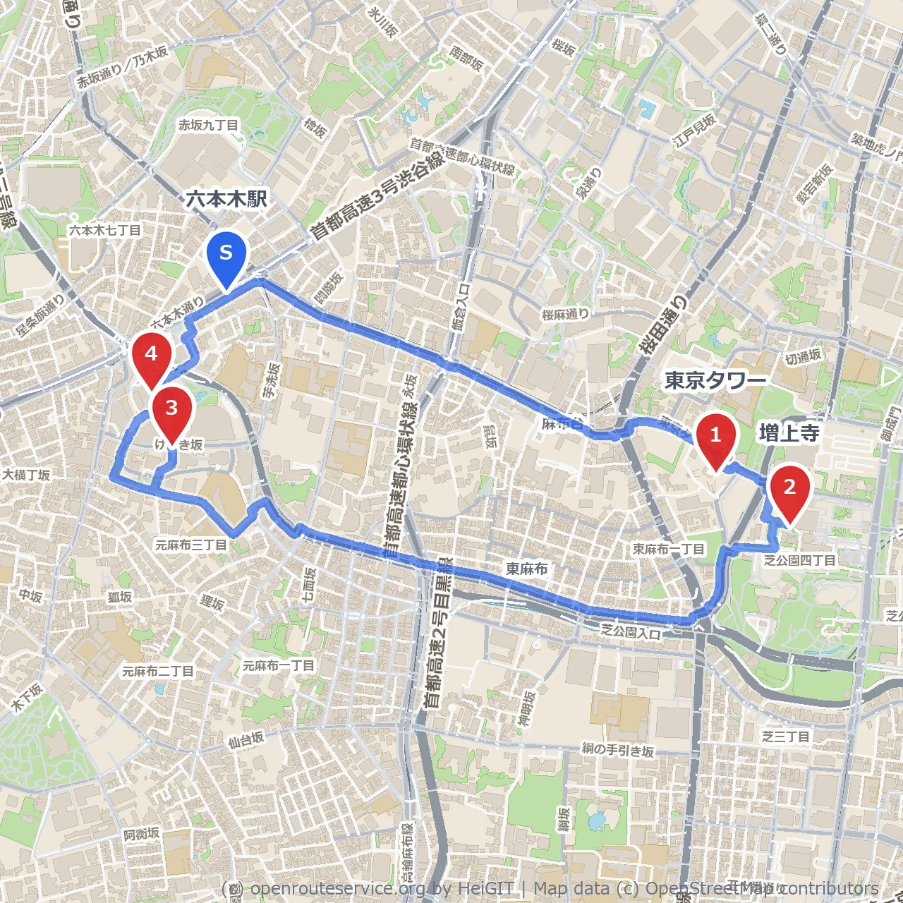 六本木から夜景と歴史、芸術を巡る散策路 のコースマップ