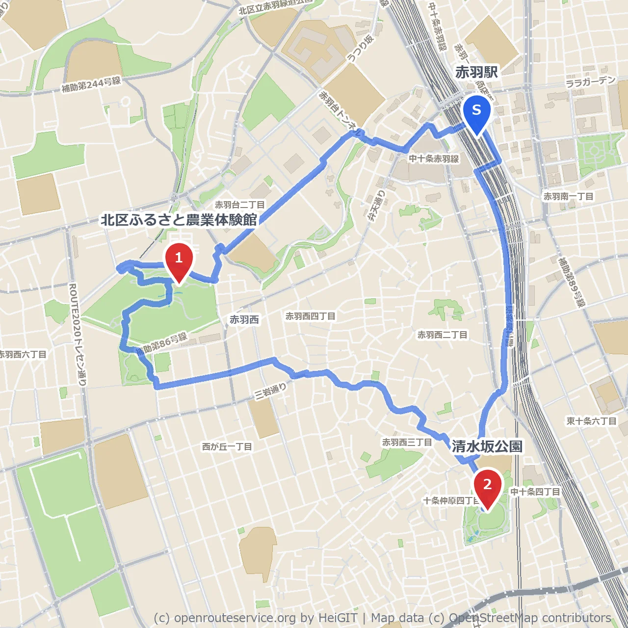 赤羽から緑と農の香りを楽しむ散歩道 のコースマップ
