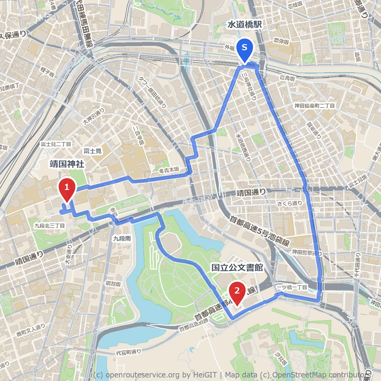 歴史感じる水道橋駅周辺の靖国神社と国立公文書館散策 のコースマップ