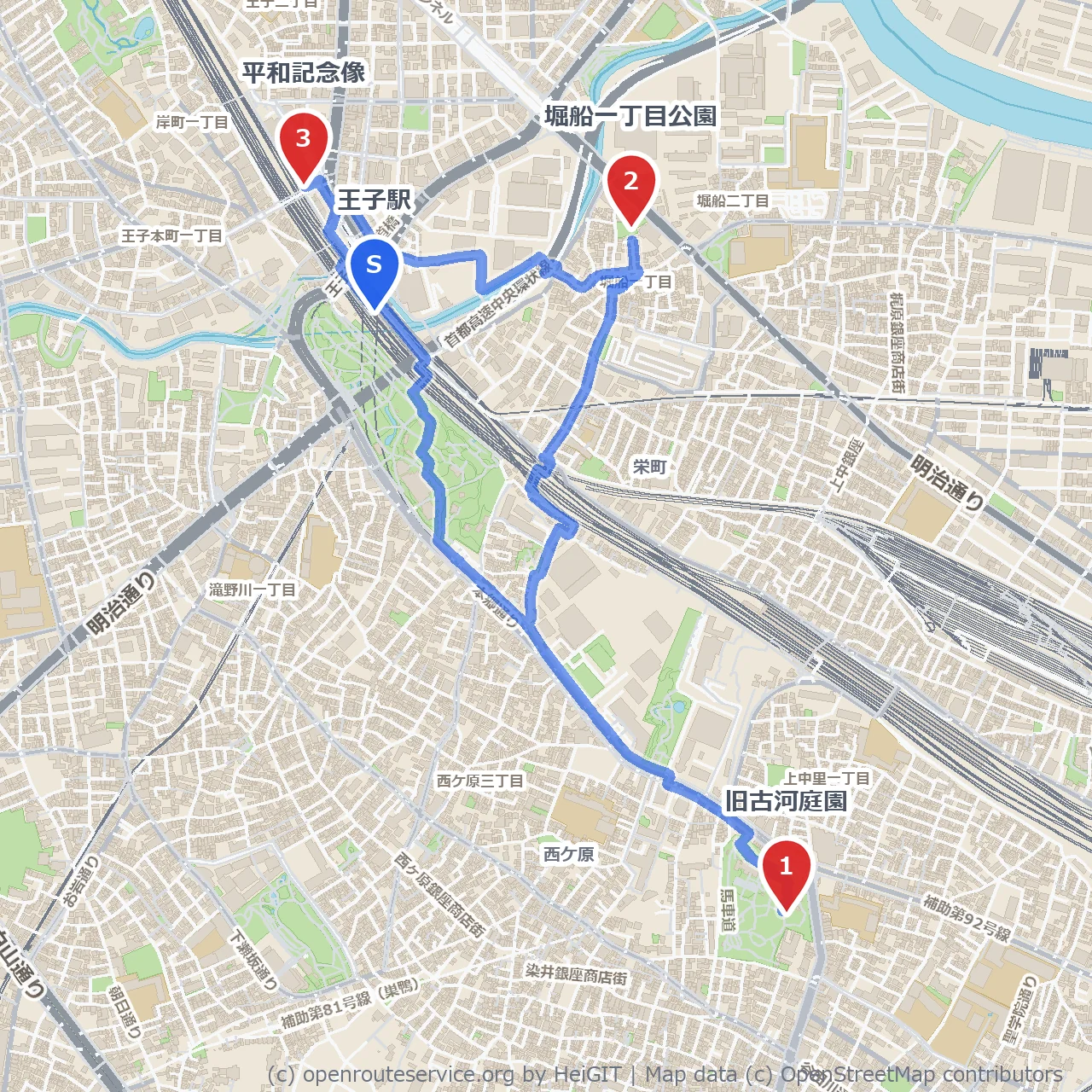 王子駅発・静寂の庭園と平和の散策路 のコースマップ