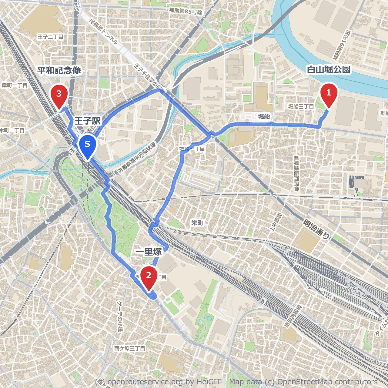 王子駅から巡る歴史と緑の散歩道 のコースマップ