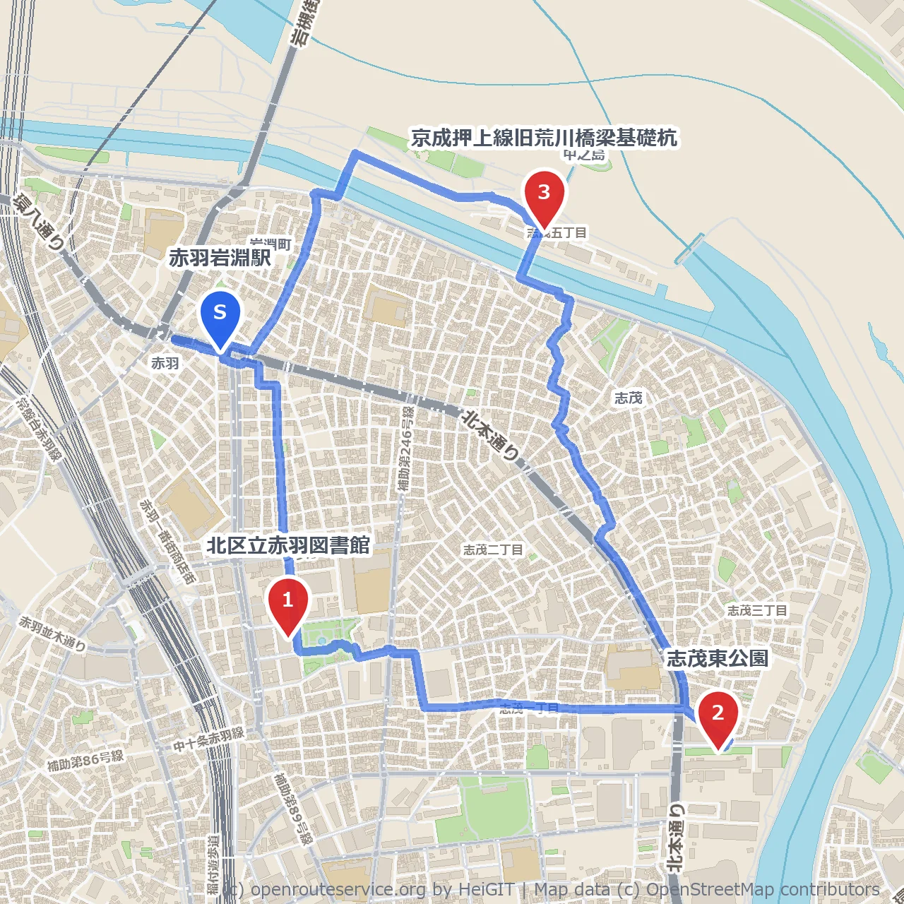 赤羽岩淵の歴史と自然を感じる静かな散策路 のコースマップ