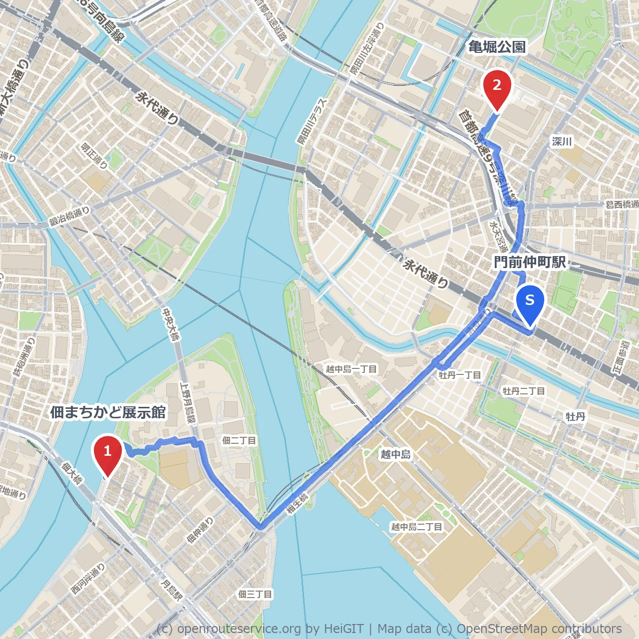 佃の町並みと緑豊かな亀堀公園散歩道 のコースマップ