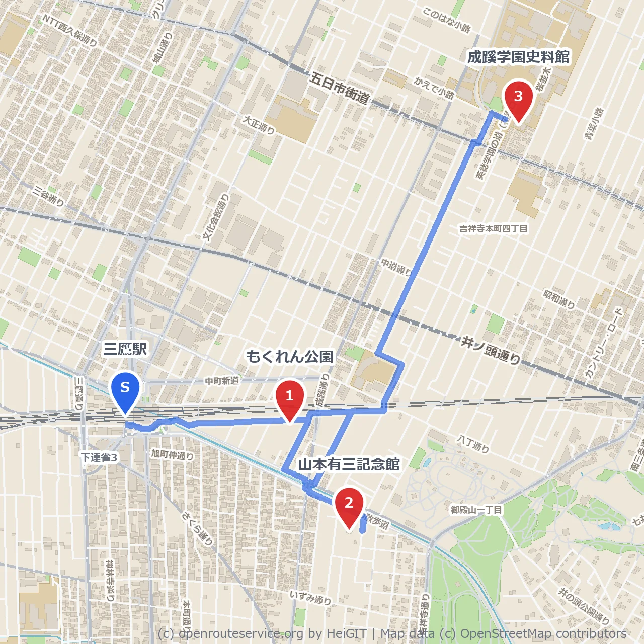 三鷹駅発｜文学と緑を感じる静かな散歩道 のコースマップ