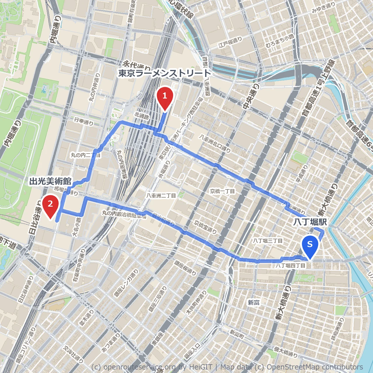 八丁堀発・東京ラーメン街から美術館散策へ のコースマップ