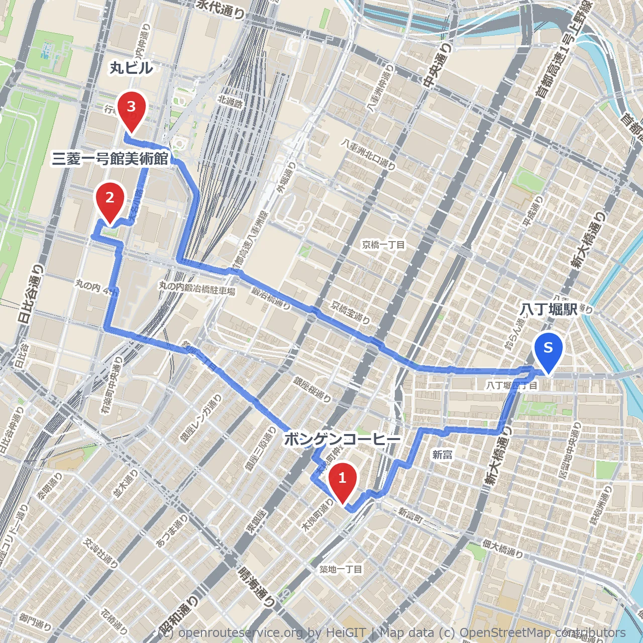 八丁堀から丸の内へ。街とアートを感じる散歩 のコースマップ