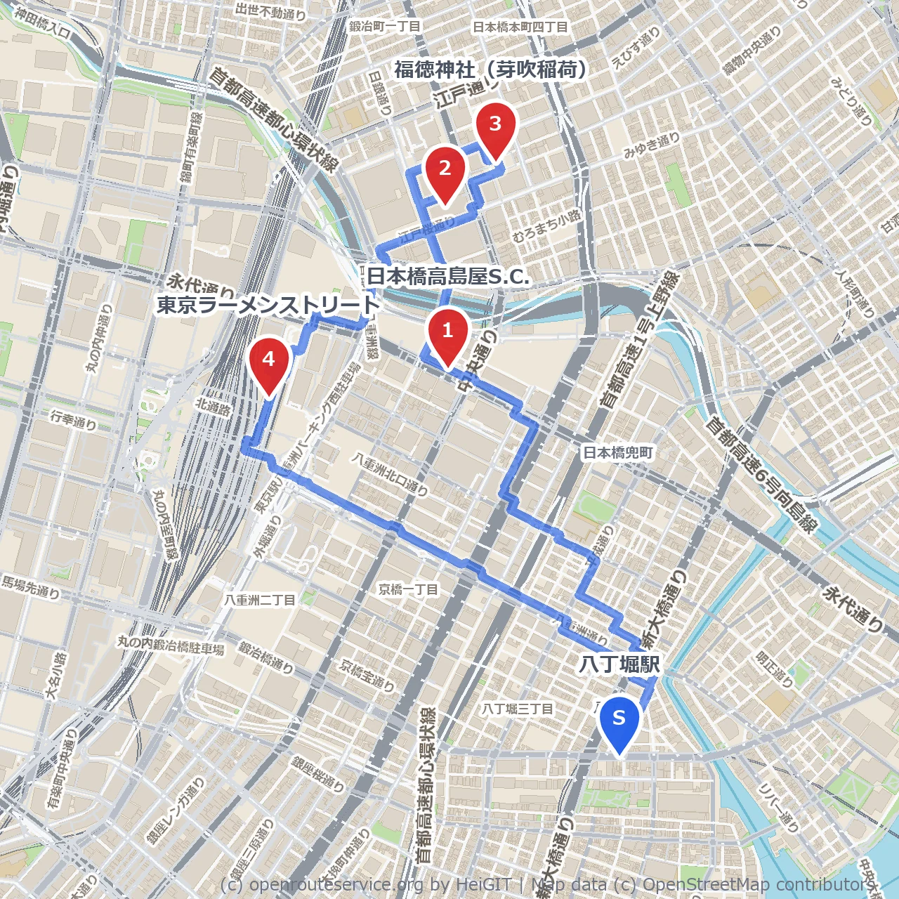 日本橋の伝統とモダンを巡る散歩道 のコースマップ