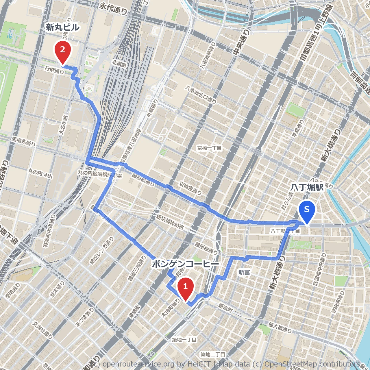 八丁堀から丸の内へ。日常に寄り添う街歩き散策 のコースマップ