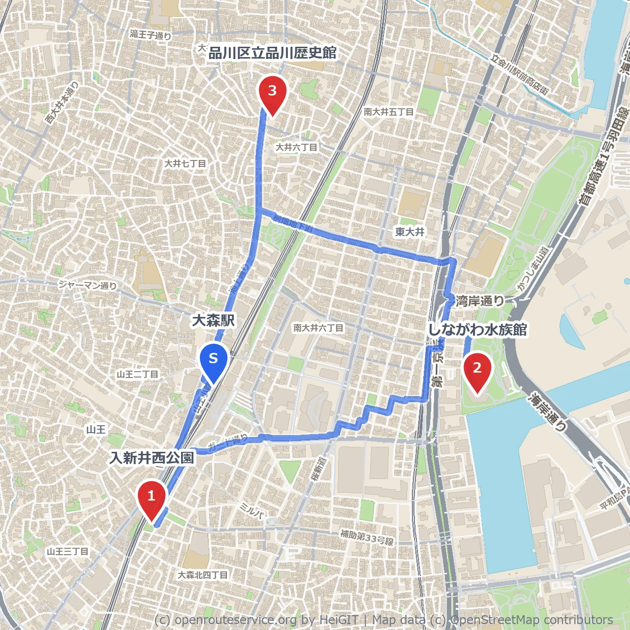 大森の緑と海辺を巡る歴史散歩 のコースマップ