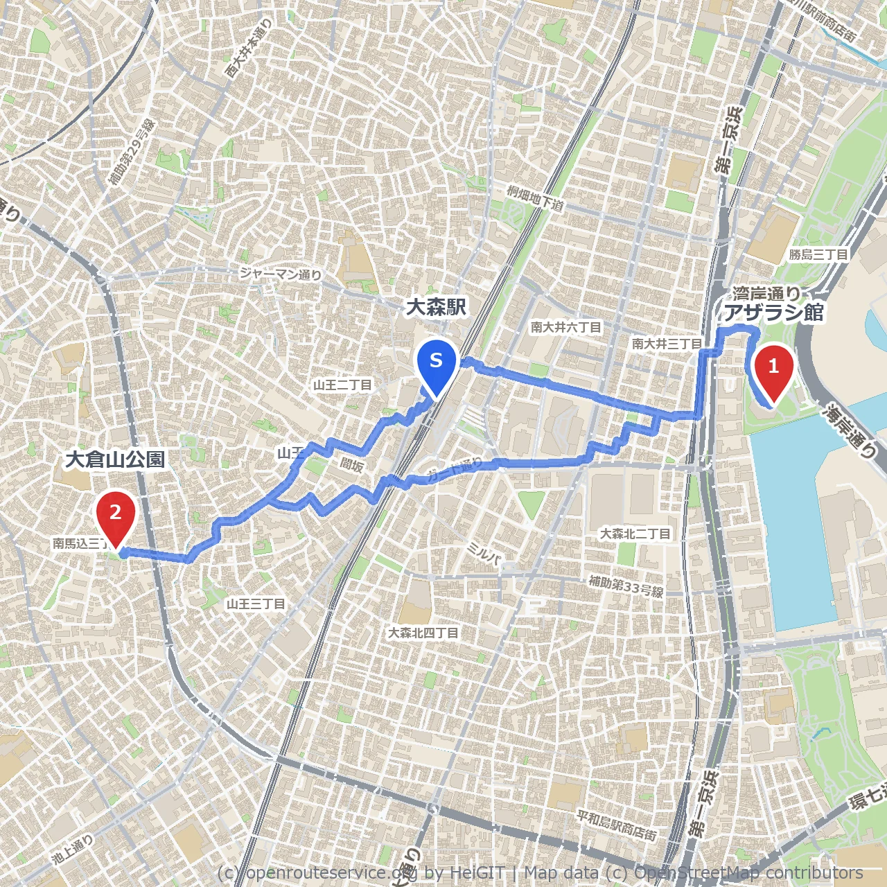 大森駅からのんびり海と緑を巡る散歩道 のコースマップ