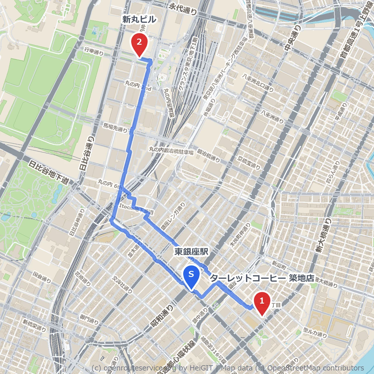 東銀座から丸の内へ爽やかな街歩きコース のコースマップ