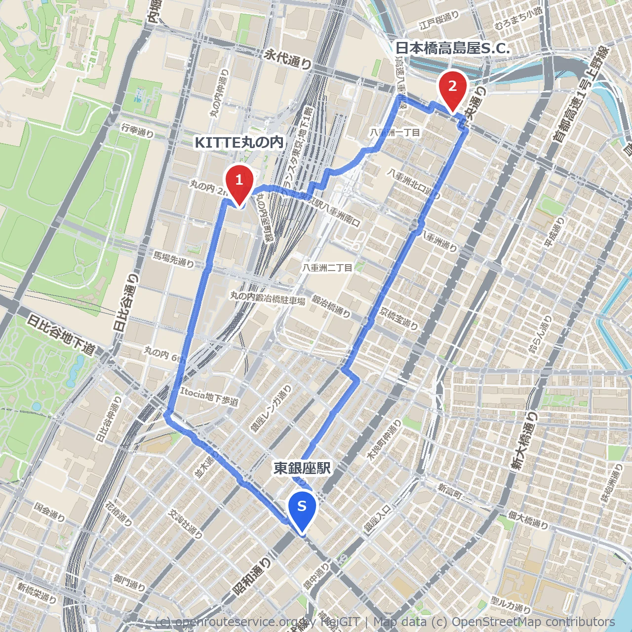 東銀座から歩く丸の内と日本橋の街並み散策 のコースマップ