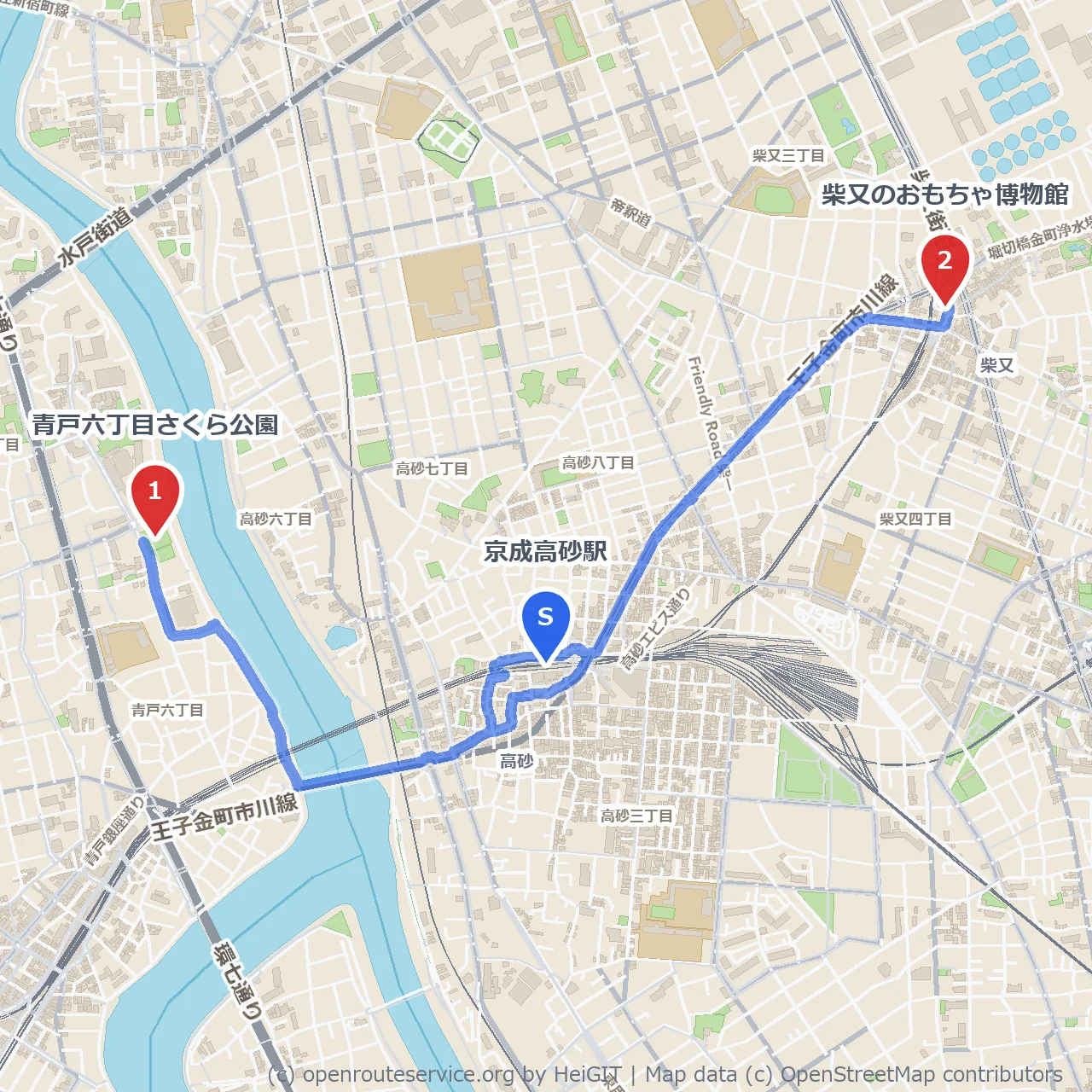 京成高砂駅から歩く昭和レトロと春の公園散策 のコースマップ