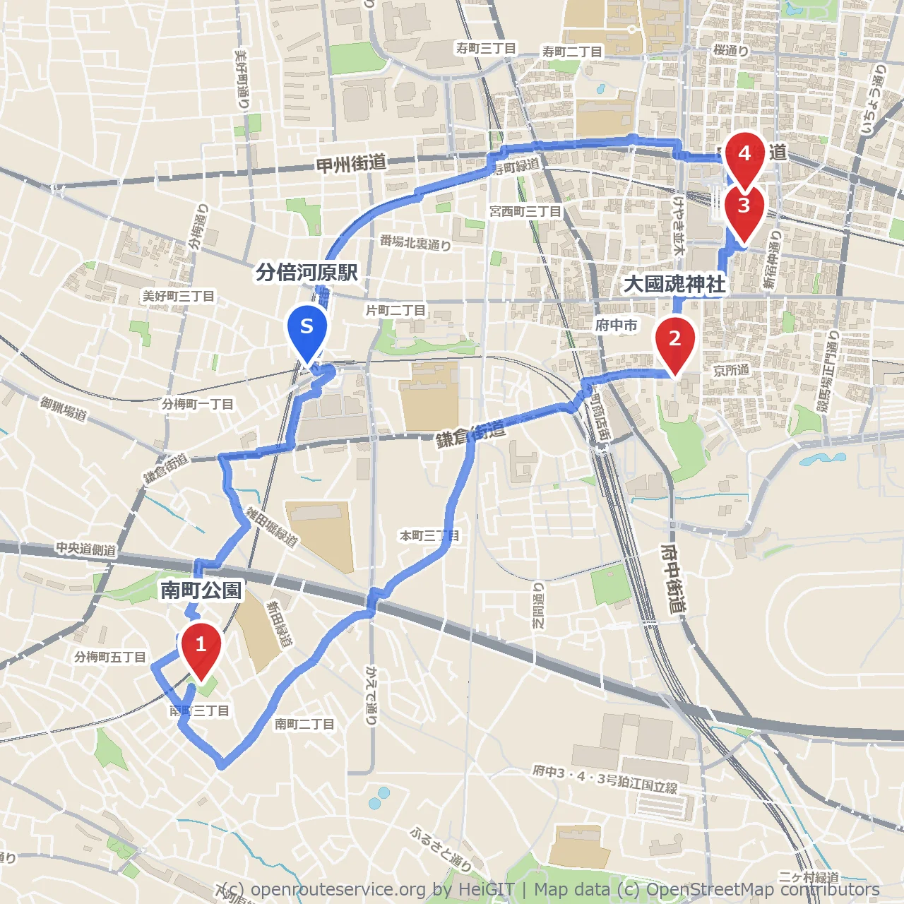 分倍河原から歴史と緑をめぐるほっと散歩道 のコースマップ