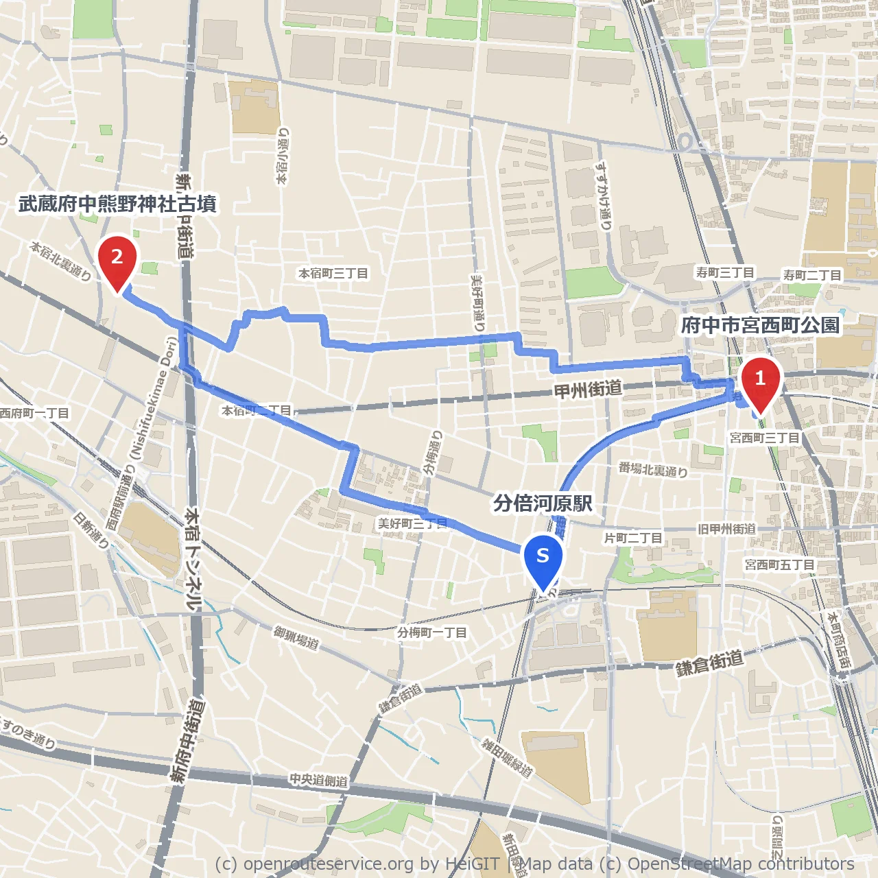 歴史と緑を楽しむ分倍河原ののんびり散歩道 のコースマップ