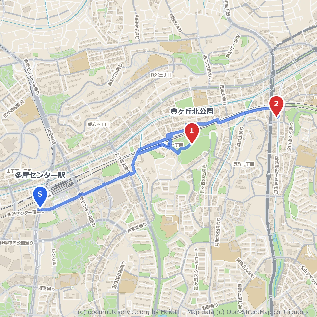 多摩センター駅発、緑と郷土の静かな散歩路 のコースマップ