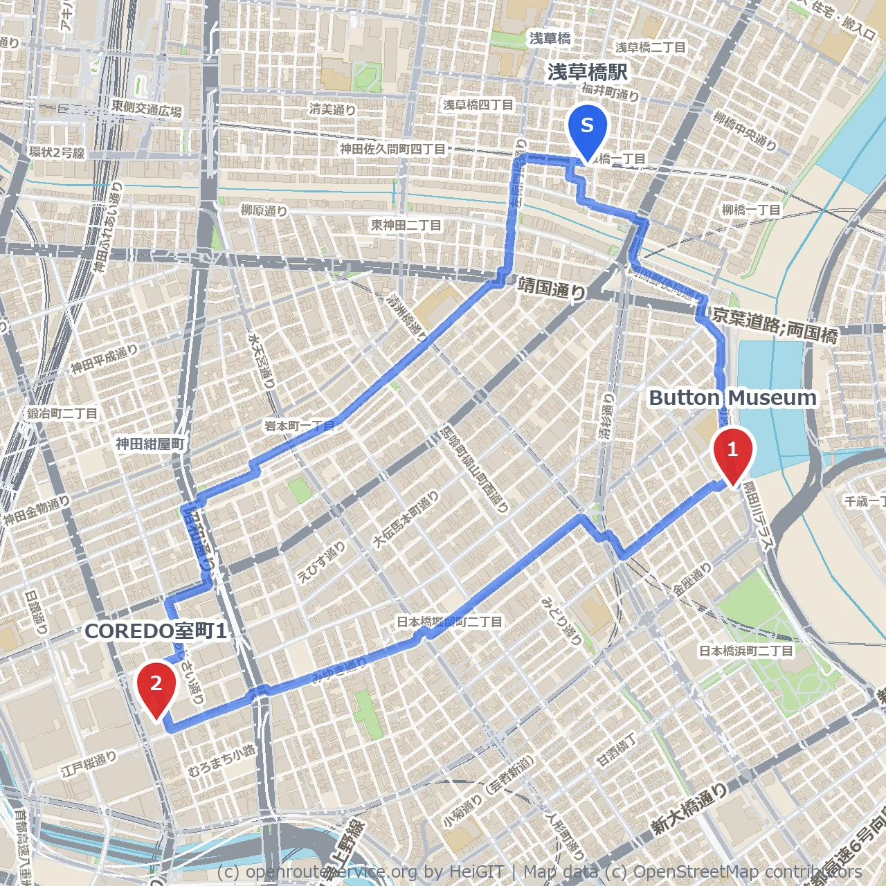 浅草橋から室町へボタンと江戸情緒散歩 のコースマップ