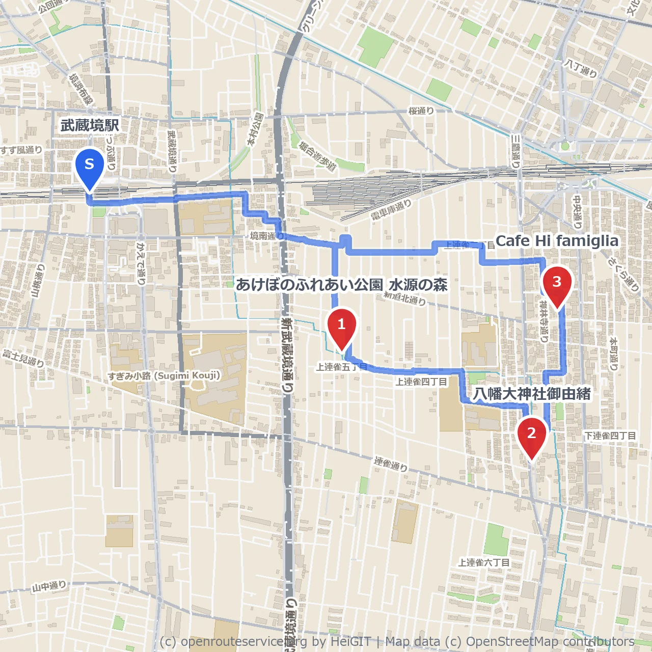武蔵境の緑道と歴史巡りカフェ散歩 のコースマップ