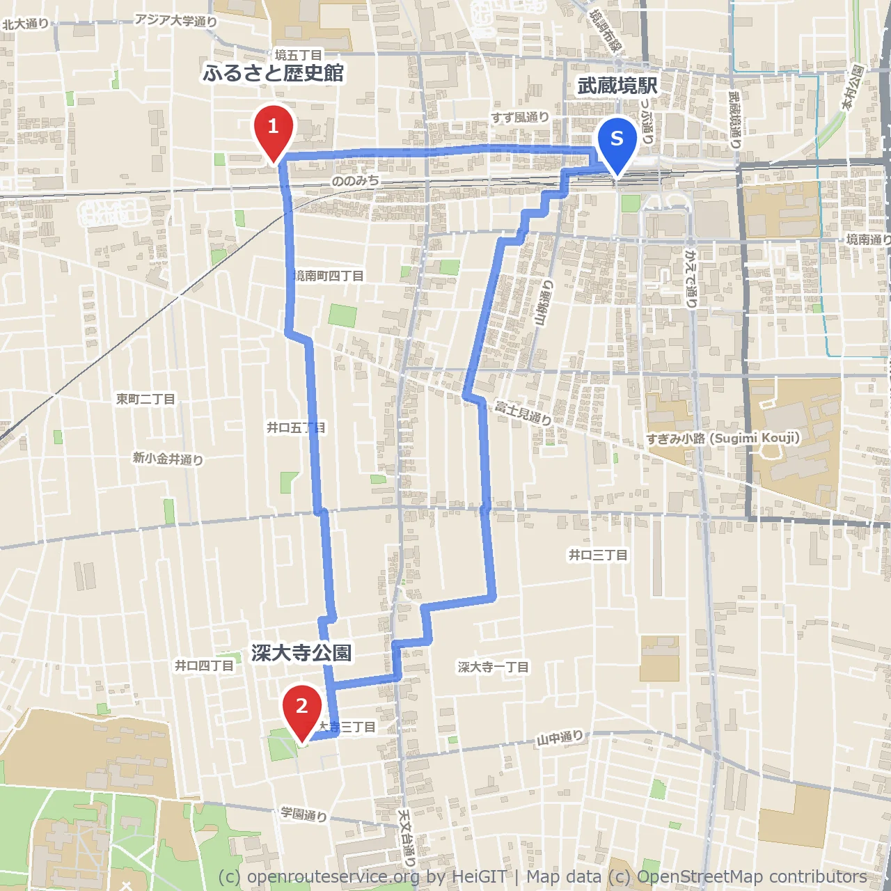 武蔵境駅から巡る歴史と自然の癒し散歩道 のコースマップ