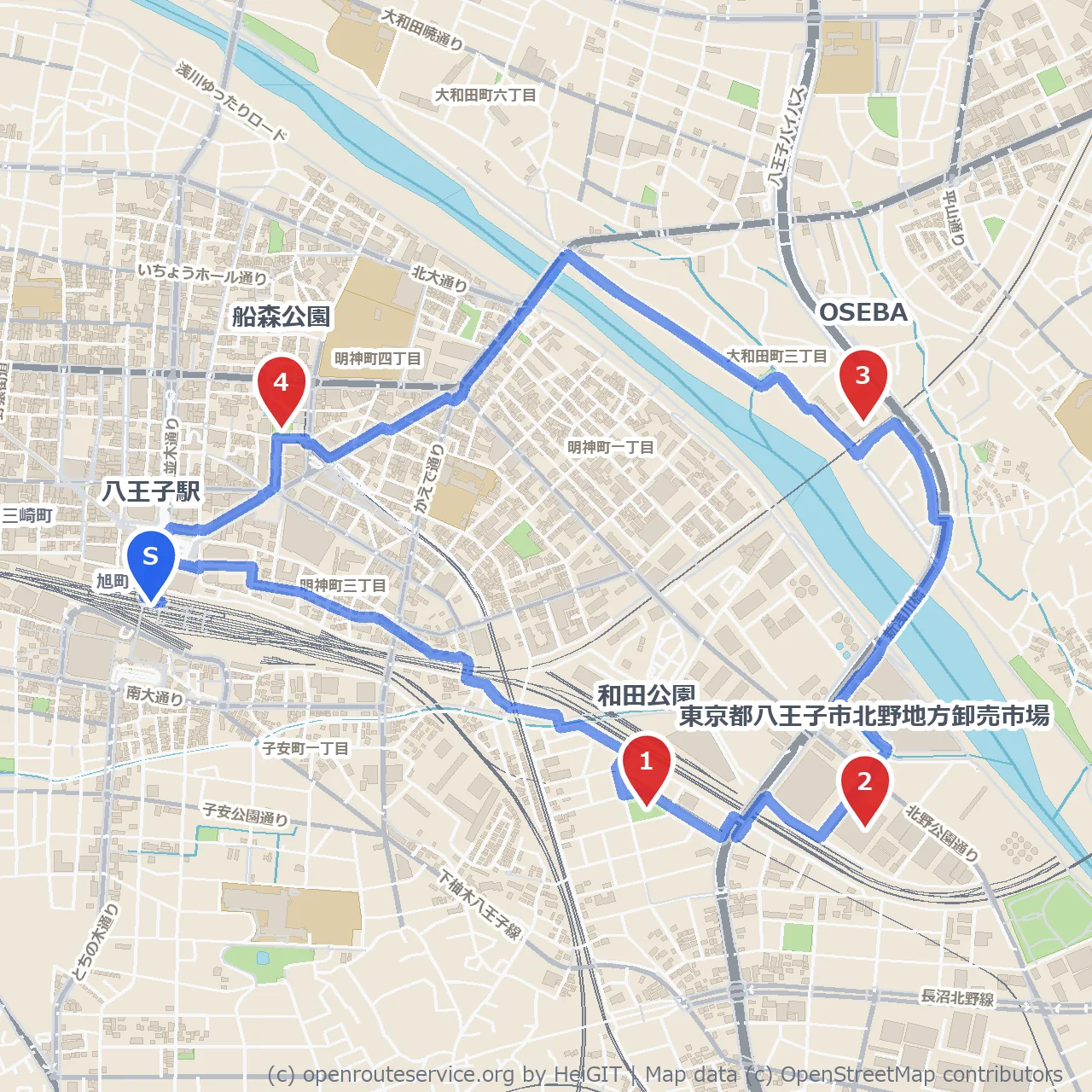 八王子駅発、北野市場と緑の小径散策コース のコースマップ