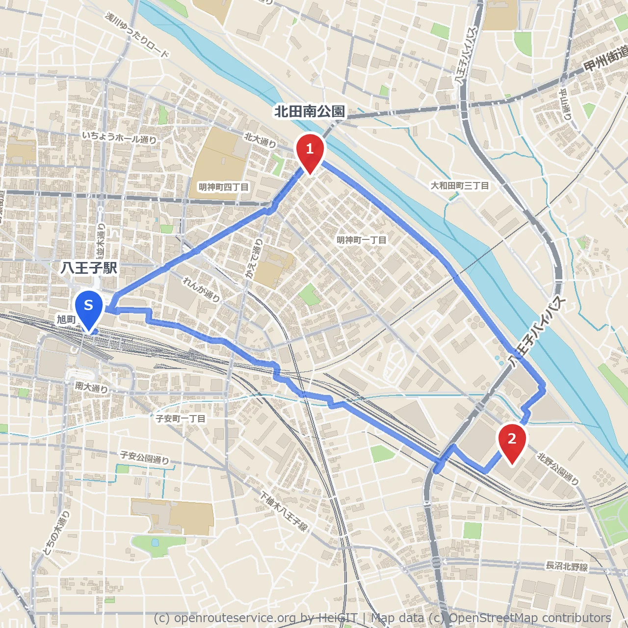 八王子駅から市場へ 静かな街並みと緑を感じる散策路 のコースマップ