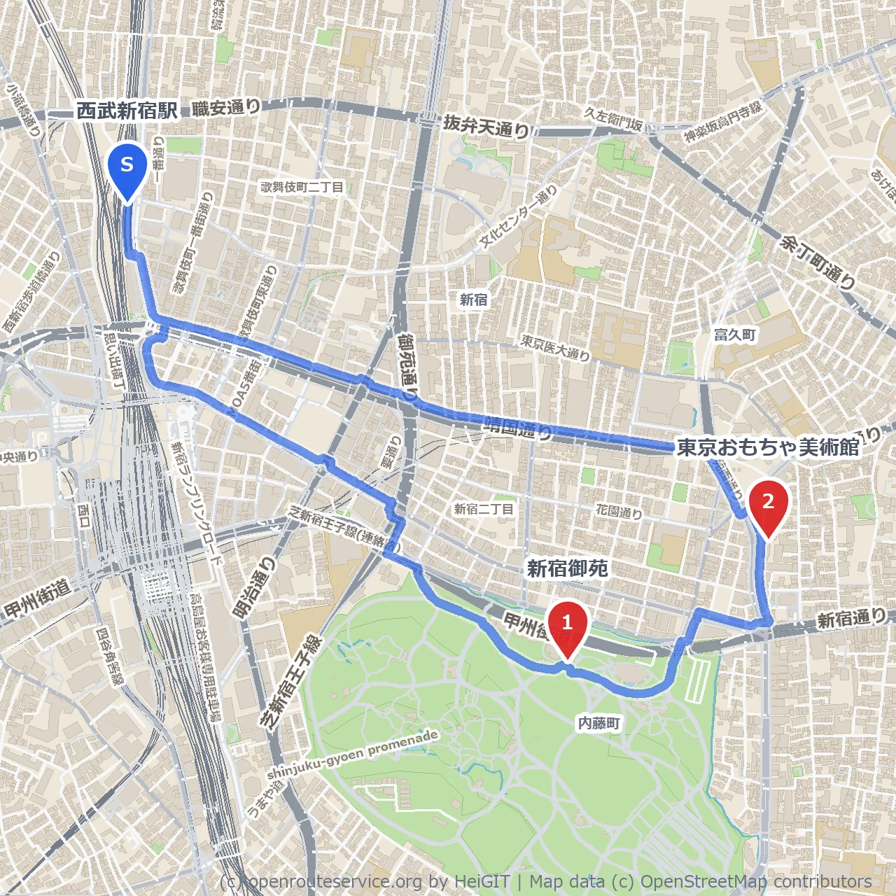 緑と遊び心に触れる西武新宿の散策路 のコースマップ