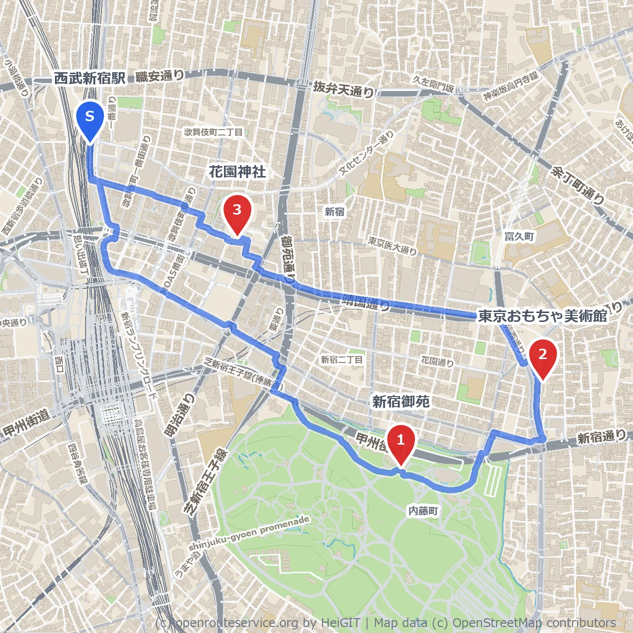 都会の緑と遊び心を巡る新宿散歩道 のコースマップ
