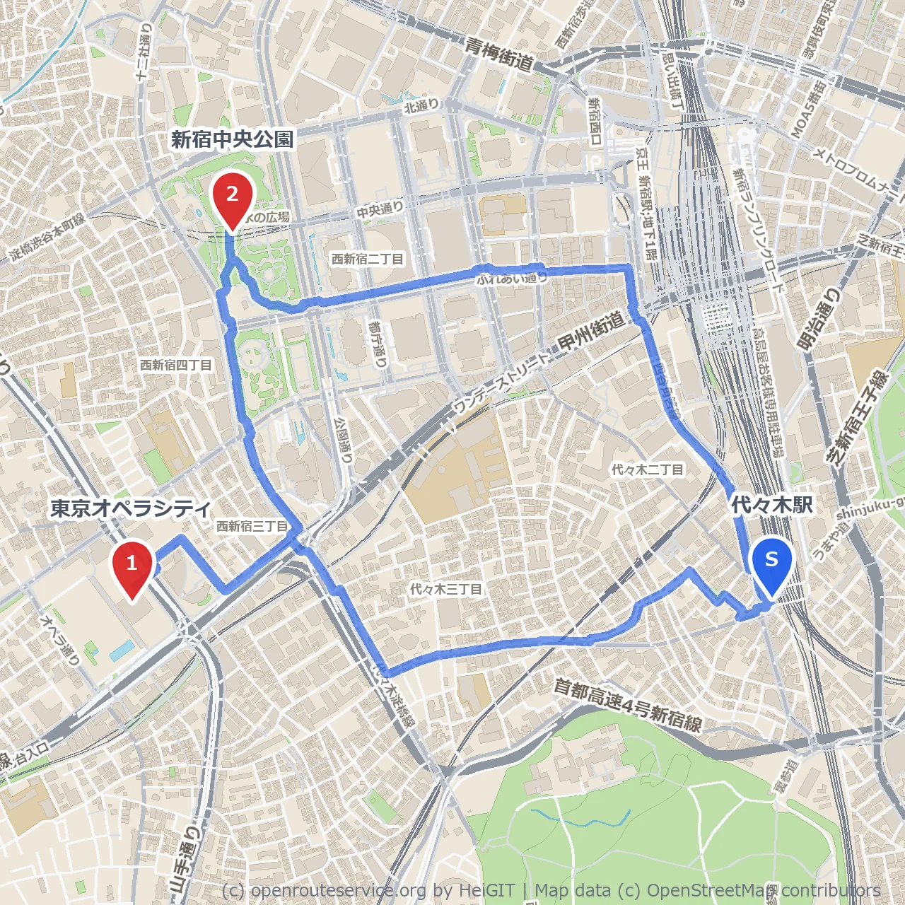 代々木駅から東京オペラシティ越え新宿中央公園散策 のコースマップ